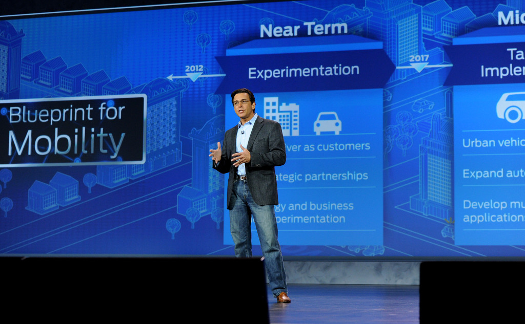 Ford President and CEO Mark Fields gives a keynote address Jan. 6 at the Consumer Electronics Show. (Sam VarnHagen/Provided by Ford)