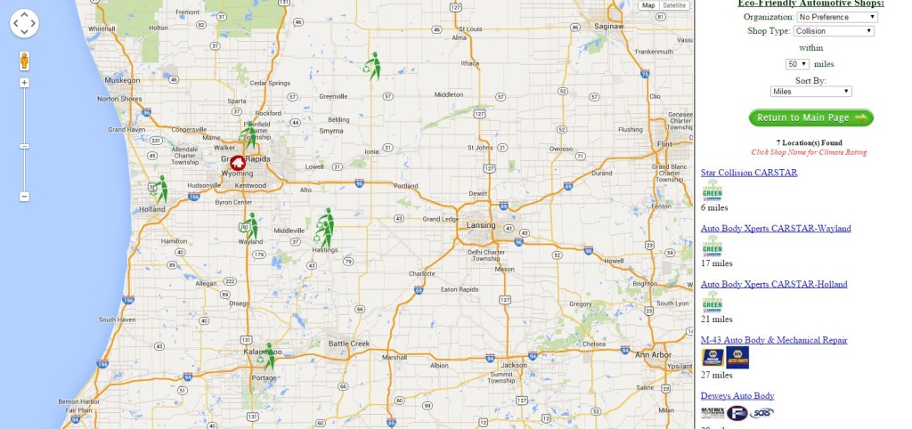 A screenshot from Find Green Garage showing which collision repair shops in the Wyoming, MI area were deemed eco-friendly by the Green Garage Challenge. (Screenshot from www.findgreengarage.com)