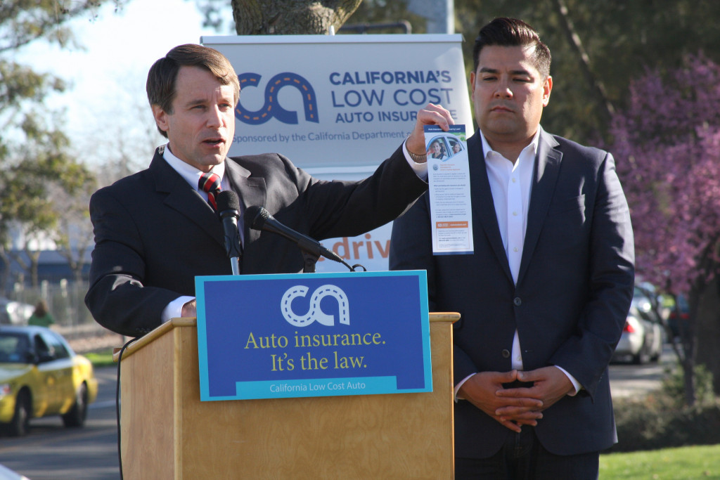 California Insurance Commissioner Dave Jones, left, and Democratic state Sen. Ricardo Lara discussed liability coverage and low-cost insurance in California at a February event. (Provided by California Department of Insurance, file)