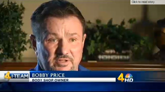 A WSMV segment spotlights Price's Collision Center owner Bobby Price, who has sued GEICO and Progressive claiming breach of contract and tortious interference and who is seen in this screenshot from WSMV video online. (Screenshot from www.WSMV.com) 