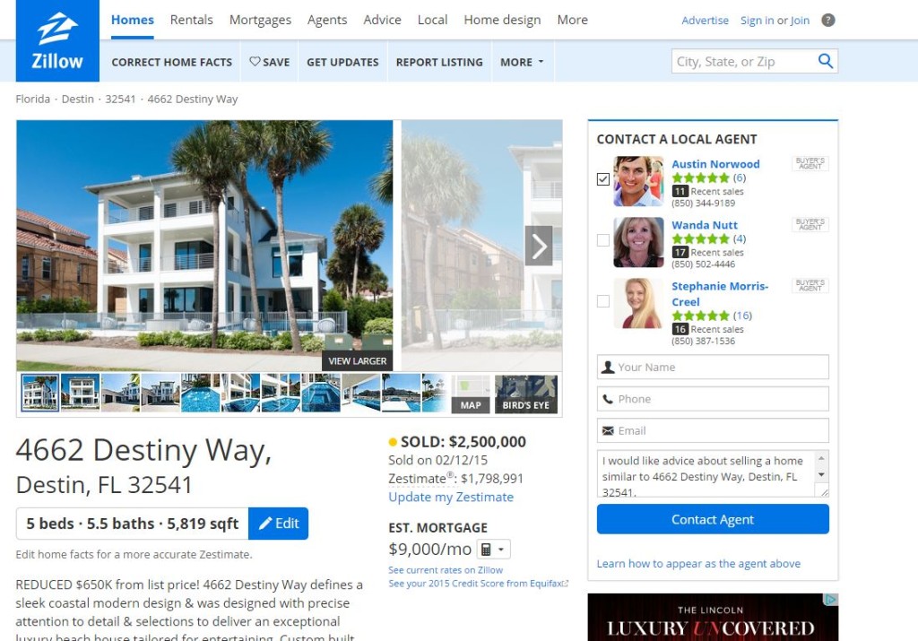 This screenshot from Zillow shows the home in Destin, Fla., surrendered by former Service King CFO Daniel Magnini to the federal government. (Screenshot of www.zillow.com)