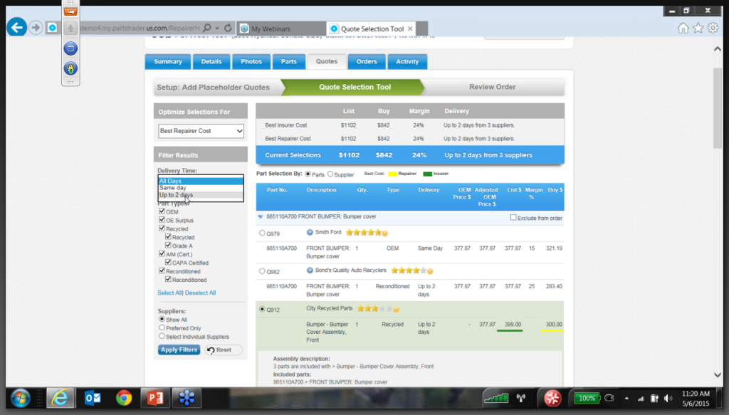 A screenshot from PartsTrader's Wednesday webinar gives an example of its revamed Quote Selection Tool. (Provided by PartsTrader)