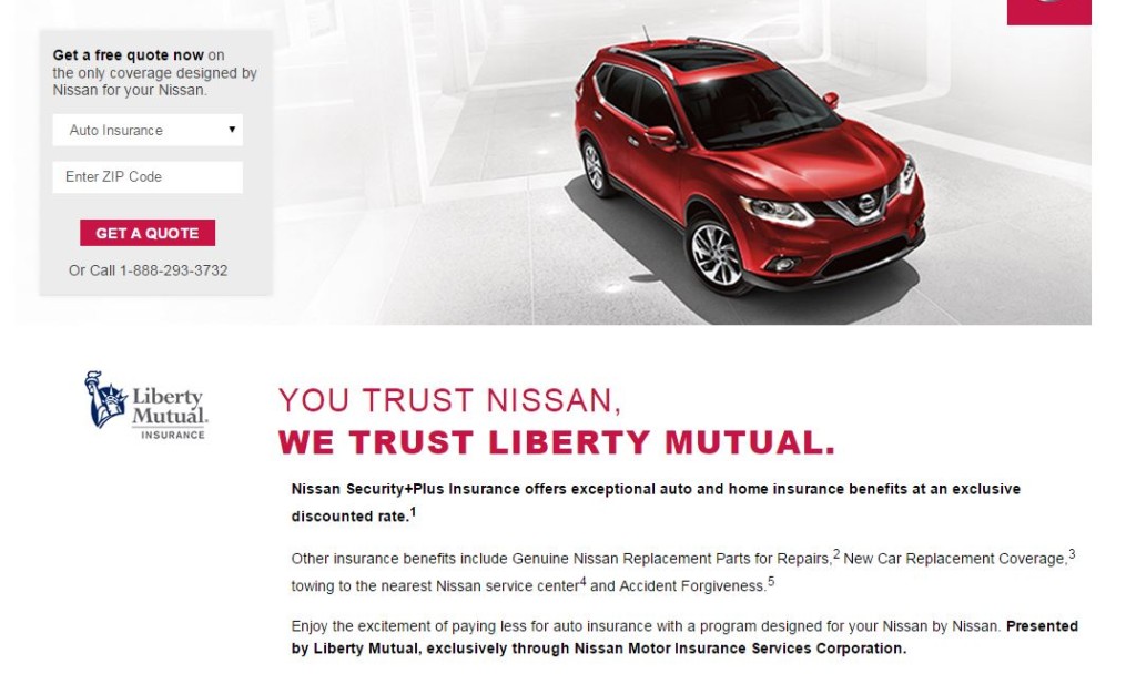 The Nissan Owner's Portal redirects to a Liberty Mutual webpage describing the "Nissan Security+Plus Insurance" program which provides "exceptional auto and home insurance benefits at an exclusive discounted rate" through the insurer and the Nissan Motor Insurance Services Corporation. (Screenshot from welcome.libertymutual.com/nissan) 