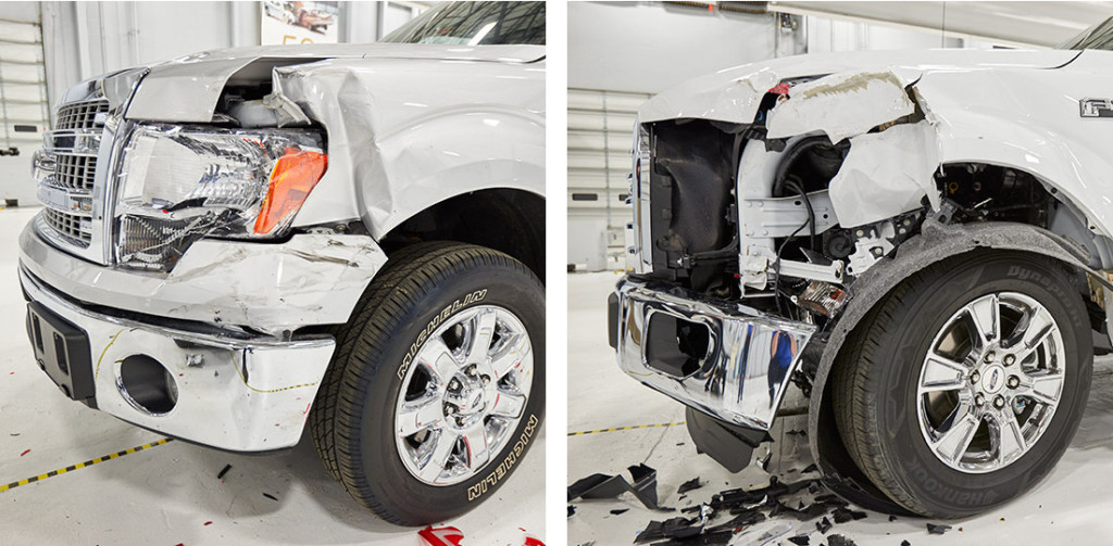 On the front of the crashed 2015 Ford F-150 aluminum truck, right, mechanics had to assemble components like wiring harnesses and splash guards under the totaled fender before installing a new one. At left is a similarly crashed 2014 Ford F-150. (Provided by the Insurance Institute for Highway Safety Status Report)