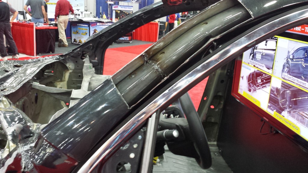 This improper butt weld to the A-pillar portion of a 2014 Acura MDX door ring was done by Honda to mimic similar improper work done by a repairer on the passenger's side. (John Huetter/Repairer Driven News)