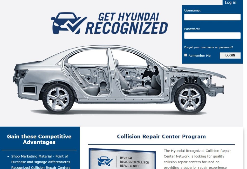 Hyundai announced Tuesday it would recommend a "Recognized Collision Repair Center" network to customers, the latest automaker to indicate which body shops it feels are truly qualified to fix its vehicles correctly. This screenshot comes from Hyundai's website advising shops how to get that designation. (Screenshot from www.gethyundairecognized.com)