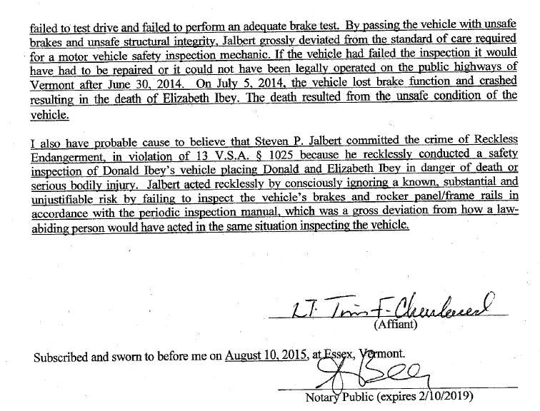 Part of the affidavit against Steven Jalbert by a Vermont Department of Motor Vehicles investigator. (Provided by Vermont Attorney General's Office)
