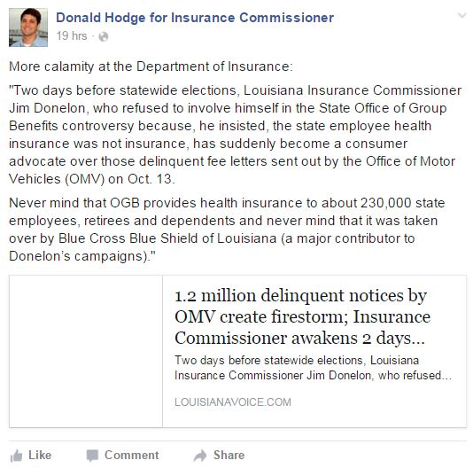 A Facebook post by Democratic candidate Donald Hodges is shown. (Screenshot from www.facebook.com/DonaldHodgeCommissioner)