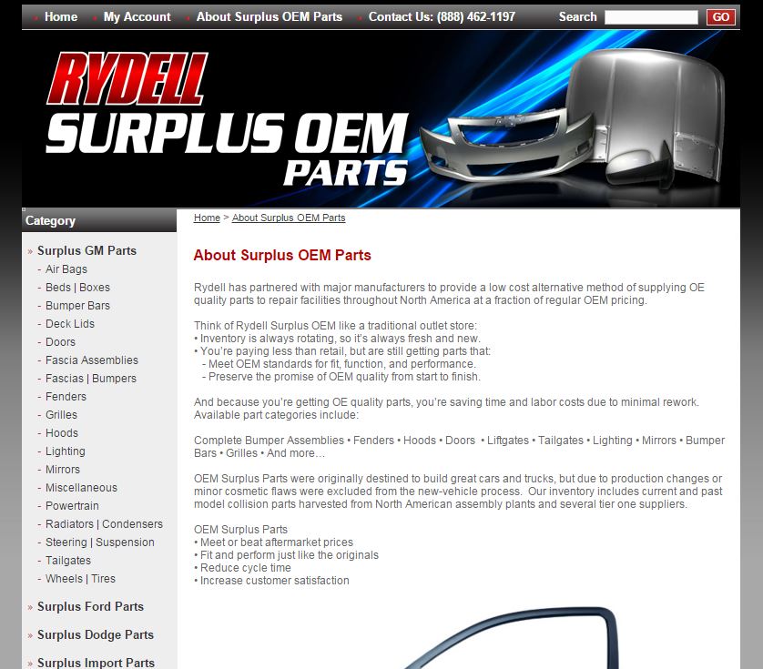 Rydell Chevrolet's website contained language Sunday regarding surplus OEM parts that was similar to that alleged by Hyundai as a misleading representation of Genuine Hyundai parts. (Screenshot from www.surplusoem.com)