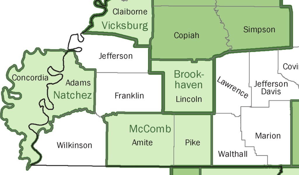 Brookhaven, Miss., and the area around it is a separate micropolitan area. If State Farm stuck to an accurate survey of solely that area and the surrounding Lincoln County and applied an "island" rate to that region, it might be a little more palatable to the plaintiff shop than identical rates across a 360-mile area with no explanation. (Provided by U.S. government agencies)