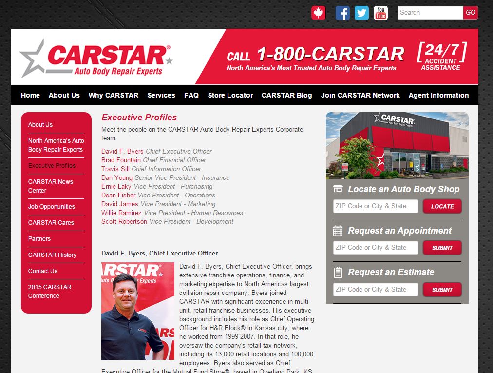 The old management team led by CEO David Byers remained on CARSTAR's website early afternoon Nov. 22, 2015. (Screenshot of www.carstar.com)