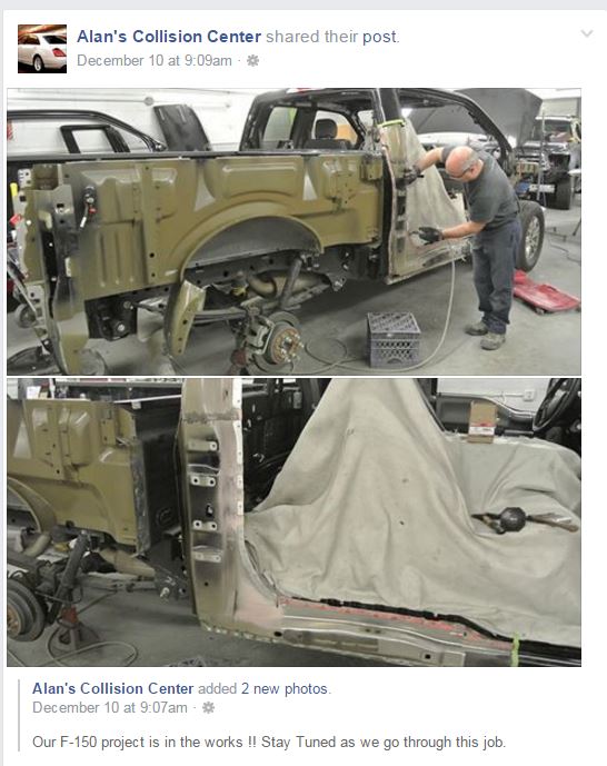 Alan's Collision Center general manager Jim Pfau posted an aluminum F-150 repair on social media like YouTube and Alan's Collision Facebook page (pictured) to encourage industry participation and discussion. (Screenshot from Alan's Collision Center Facebook page)