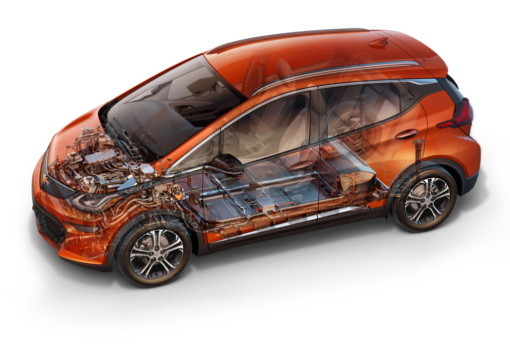 A rendering of the 2017 Chevrolet Bolt EV and its battery is shown. (Copyright General Motors)