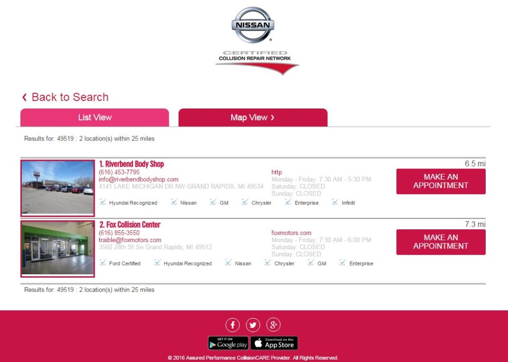 Nissan's online certified shop locator, pictured here in a screenshot, draws more than 20,000 hits a month, Assured Performance CEO Scott Biggs said Jan. 7, 2016. (Screenshot from www.autobodylocator.com via collision.nissan.com)