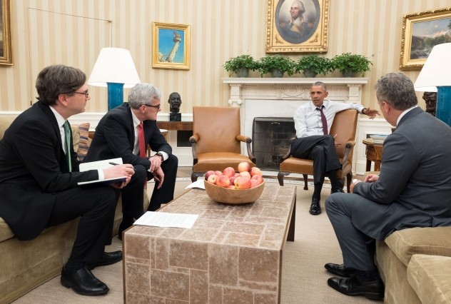 Democratic President Barack Obama, second from right, meets Jan. 6, 2016, in the Oval Office with, from left, Council of Economic Advisors Chairman Jason Furman, Chief of Staff Denis McDonough and National Economic Council Director Jeff Zients. (Official White House Photo by Pete Souza/File)