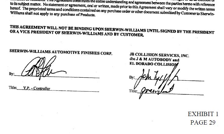 Part of the deal between JB Collision Services and Sherwin-Williams is shown. (Provided by California Southern District Court)