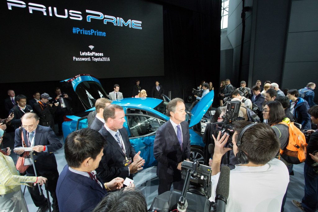 Toyota division group Vice President Bill Fay meets the media after unveiling the 2017 Prius Prime on March 23, 2016. (Provided by Toyota)