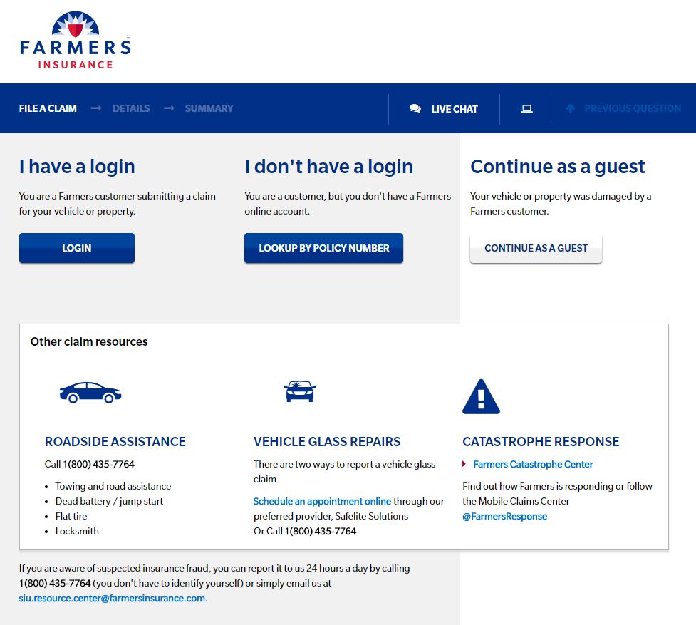 This screenshot shows Farmers' new electronic first notice of loss system. (Screenshot from www.farmers.com)