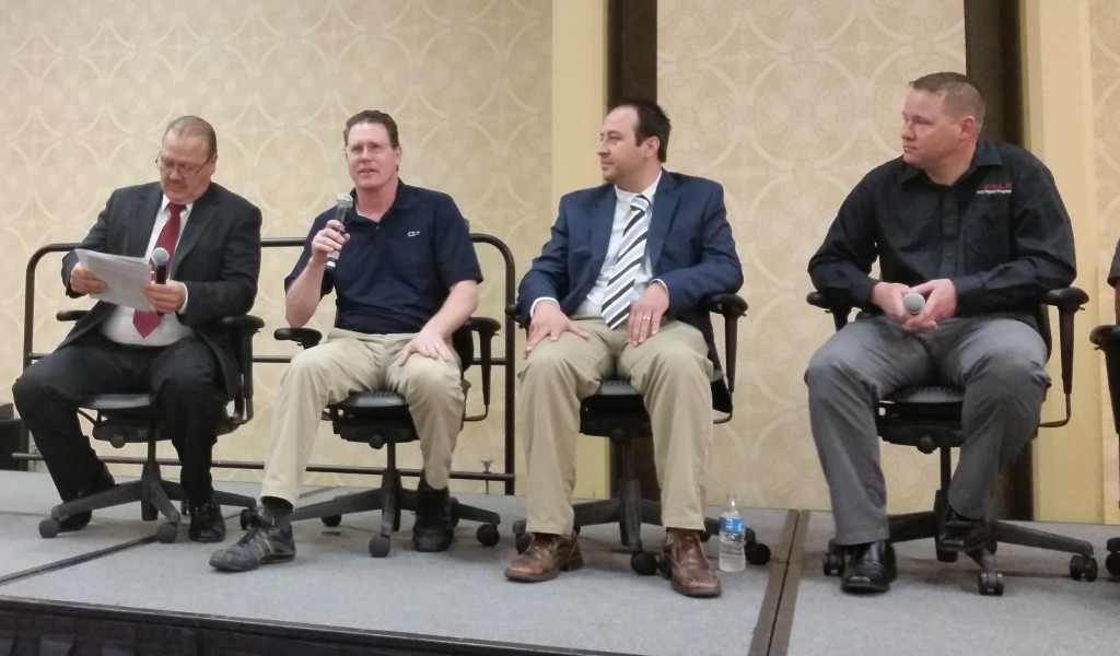 2016 SCRS Repairer Roundtable panelists, from left, Toyota collision training administrator Joe DiDonato; Audi collision repair training instructor and curriculum designer Shawn Hart; Eric Mendoza, Toyota repair/refinish training assistant manager; and Tesla body repair program technical manager Kelly Logan. (John Huetter/Repairer Driven News)