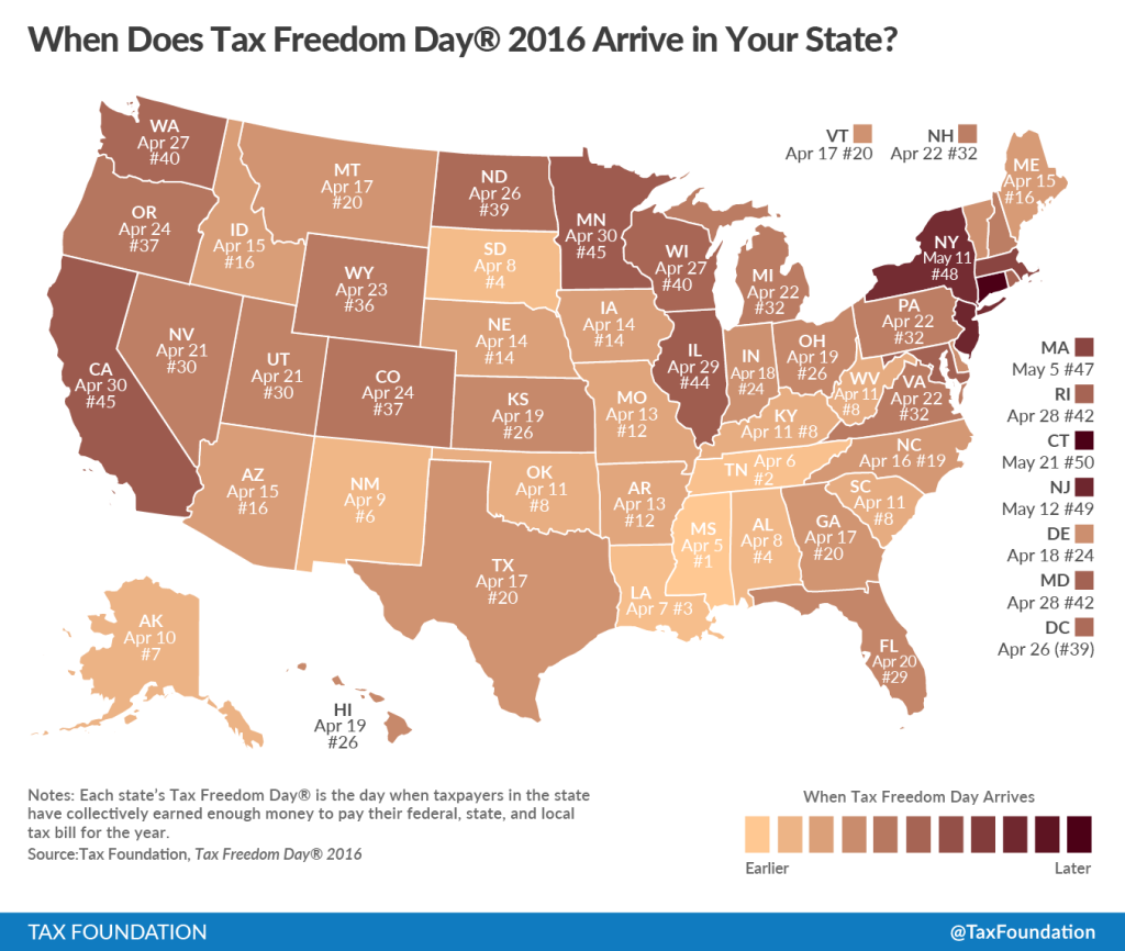 This Tax Foundation chart shows Tax Freedom Days by state in 2016. (Provided by Tax Foundation)