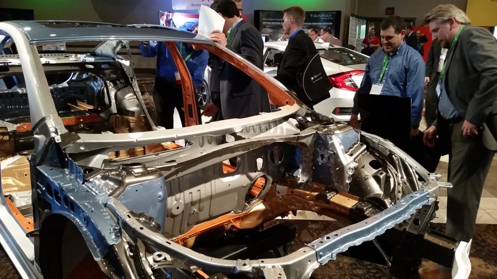 Various steel grades of the 2017 Buick LaCrosse are indicated on this color-coded body-in-white at the 2016 Great Designs in Steel. (John Huetter/Repairer Driven News)