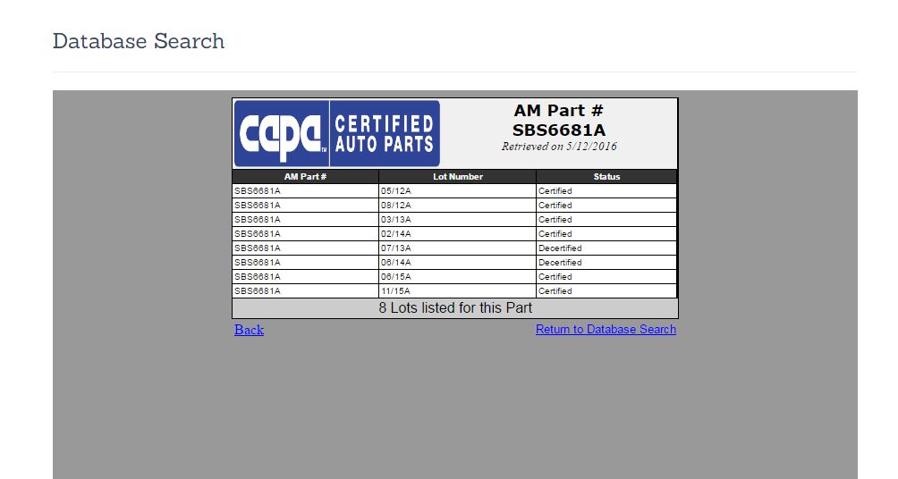 This screenshot from CAPA's database indicates the decertification of two Auto Power Subaru radiator support lots. (Screenshot from www.capacertified.org)