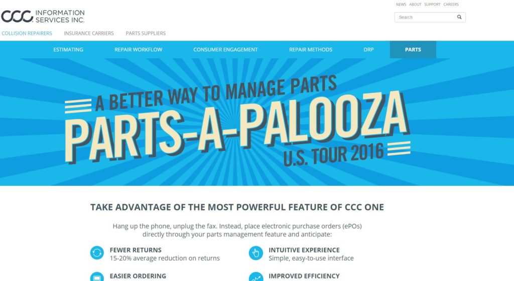 CCC hypes its TRUE Parts Network in this screen promoting its "Parts-A-Palooza U.S. Tour 2016." (Screenshot from www.cccis.com)