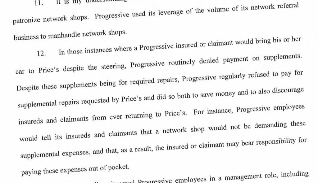 An excerpt from a 2014 affidavit by a Progressive staffer in Price's Collision Center v. Progressive. (Provided by Middle District of Tennessee)