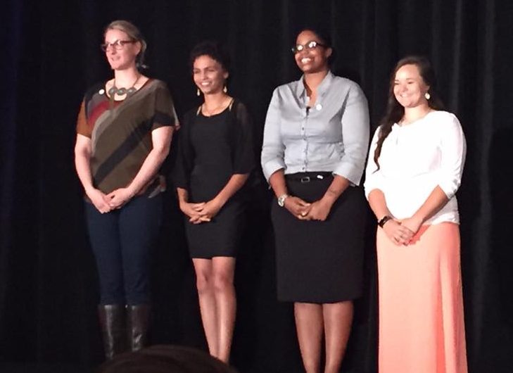 Four of the five 2016 Women's Industry Network scholarship recipients -- from left, Krystyna Zak, North Idaho College; Chelsea Bonds, Lake Technical College; Jasmine Storey, Universal Technical Institute; and Tristen Berlin, North Arkansas Community College -- attend the 2016 WIN Conference. (Provided by WIN)