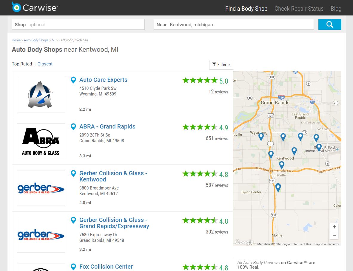 A map of shops near Repairer Driven News' office is shown on Carwise. (Screenshot from www.carwise.com)