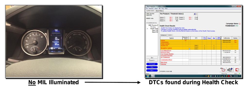 Toyota provided this example of diagnostic trouble codes not indicated by dashboard lights. (Provided by Toyota)
