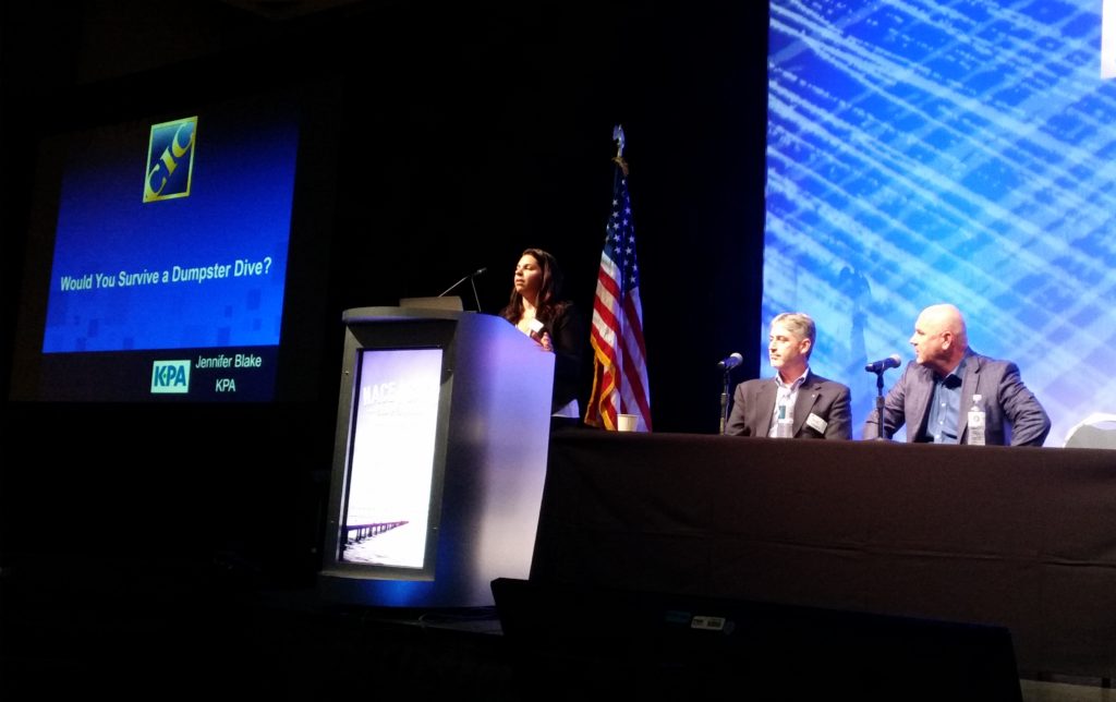 KPA client development engineer Jennifer Blake, left, and Cooks Collision Vice President Mike Barber, center, and President and Co-CEO Rick Wood shared some potential environmental regulation pitfalls at the Anaheim, Calif., Collision Industry Conference on Aug. 9, 2016. (John Huetter/Repairer Driven News)