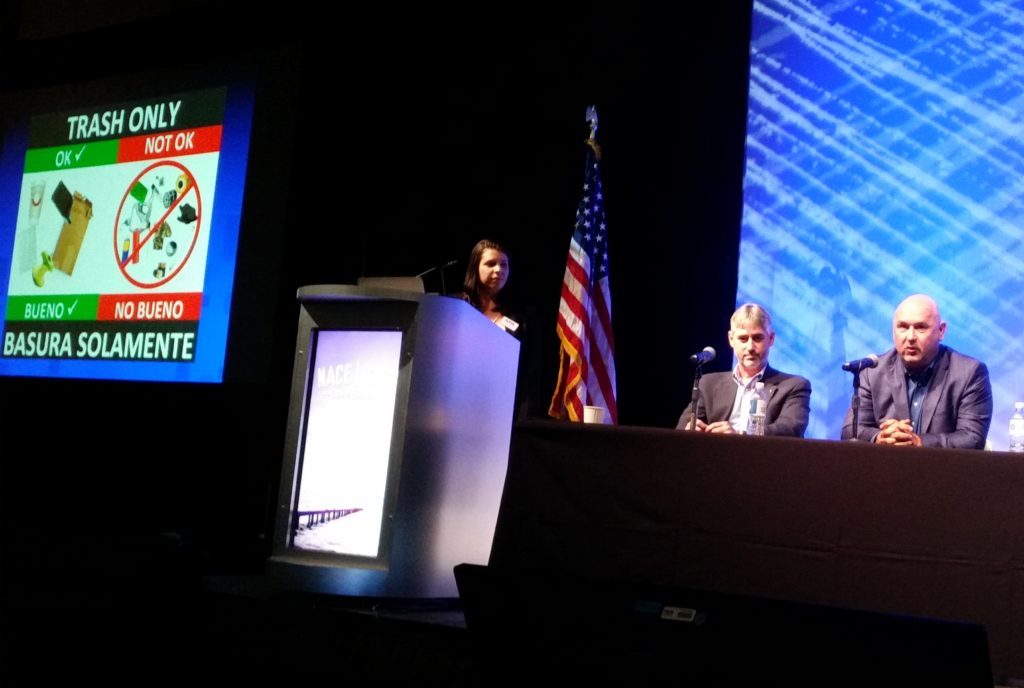 KPA client development engineer Jennifer Blake, left, and Cooks Collision Vice President Mike Barber, center, and President and Co-CEO Rick Wood shared some potential environmental regulation pitfalls at the Anaheim, Calif., Collision Industry Conference on Aug. 9, 2016. (John Huetter/Repairer Driven News)