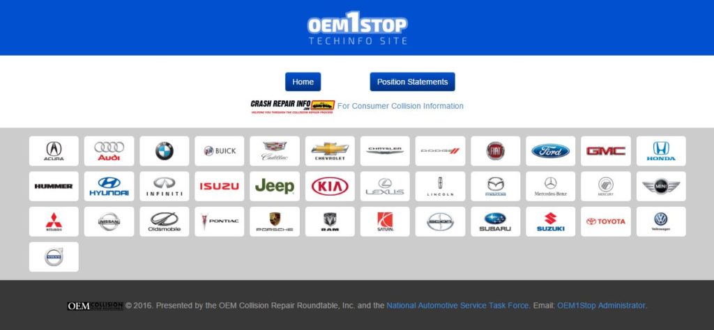 The repair procedure portal OEM1Stop.com has been updated for easier access to technical service bulletins and automaker position statements. (Screenshot from www.OEM1Stop.com)