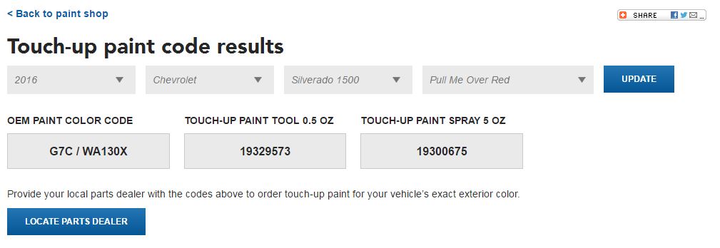 General Motors said it overhauled its paint code database. The interface is seen here in this screenshot. (Screenshot from www.genuineparts.com)