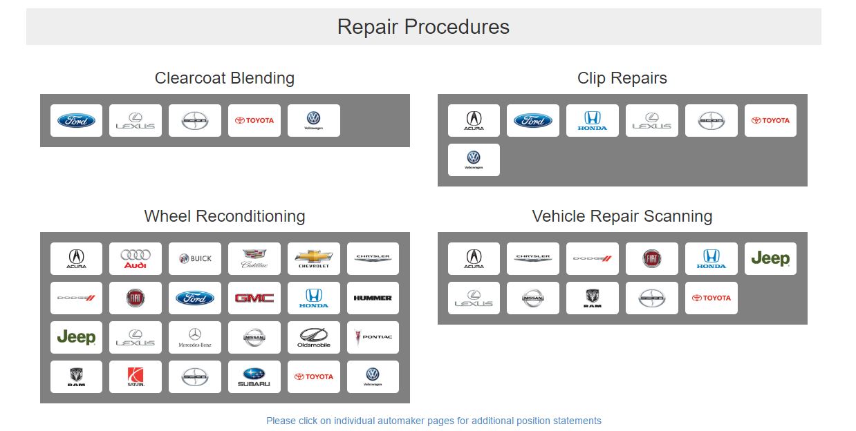 The repair procedure portal OEM1Stop.com has been updated for easier access to technical service bulletins and automaker position statements. (Screenshot from www.OEM1Stop.com)