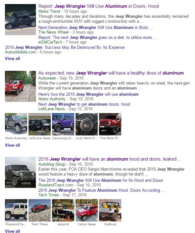 Google News on Sept. 21, 2016, displays some of the media coverage of a message board report of Alcoa aluminum on the 2018 Jeep Wrangler. FCA and Alcoa represents declined to comment on the accuracy to Repairer Driven News (Screenshot from Google News) 