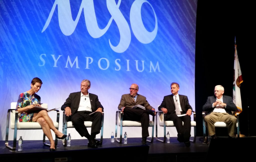 From left, moderator Marcy Tieger of Symphony Advisors, State Farm's Russ Hoffbauer, Allstate's Clint Marlow, Progressive's Chris Andreoli and Farmers' Gerry Poirier participate in a panel at the NACE MSO Symposium on Aug. 11, 2016. (John Huetter/Repairer Driven News)