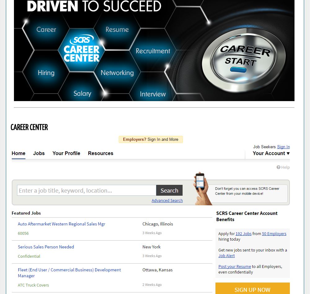A screenshot from the Society of Collision Repair Specialists Career Center, which is part of a jobs network that includes the Auto Care Association and SEMA. (Screenshot from www.scrs.com/jobs)
