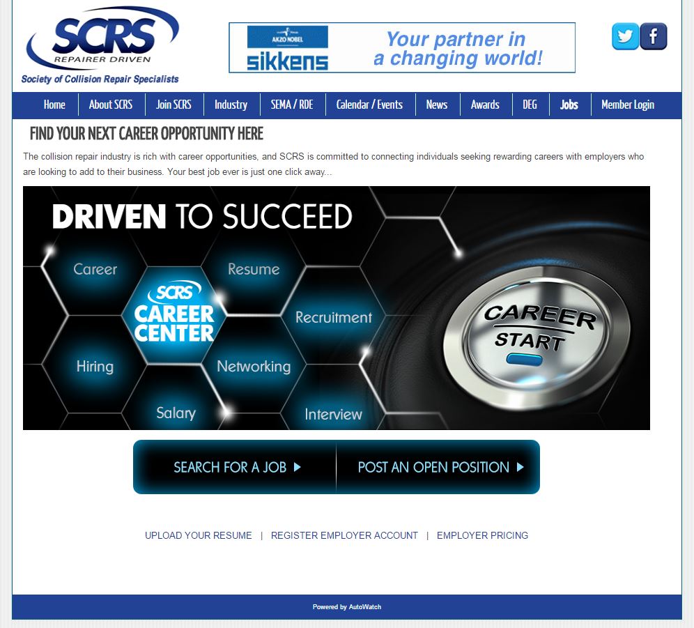 A screenshot from the Society of Collision Repair Specialists Career Center, which is part of a jobs network that includes the Auto Care Association and SEMA. (Screenshot from www.scrs.com/jobs)