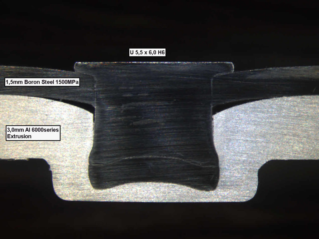 A self-piercing rivet joins aluminum to ultra-high-strength steel. Stanley calls the joining watertight, a useful means of warding off galvanic corrosion from dissimilar metals. (Provided by Stanley)