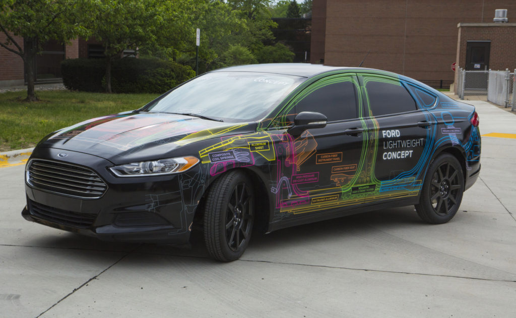 This close-up of a Ford concept Fusion uses carbon fiber to save weight. (Provided by Ford)