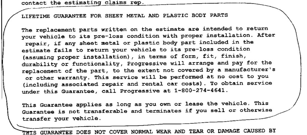 A Progressive guarantee promises to make the customer whole on sheet metal or plastic body parts. (Provided by Capital Collision Center)