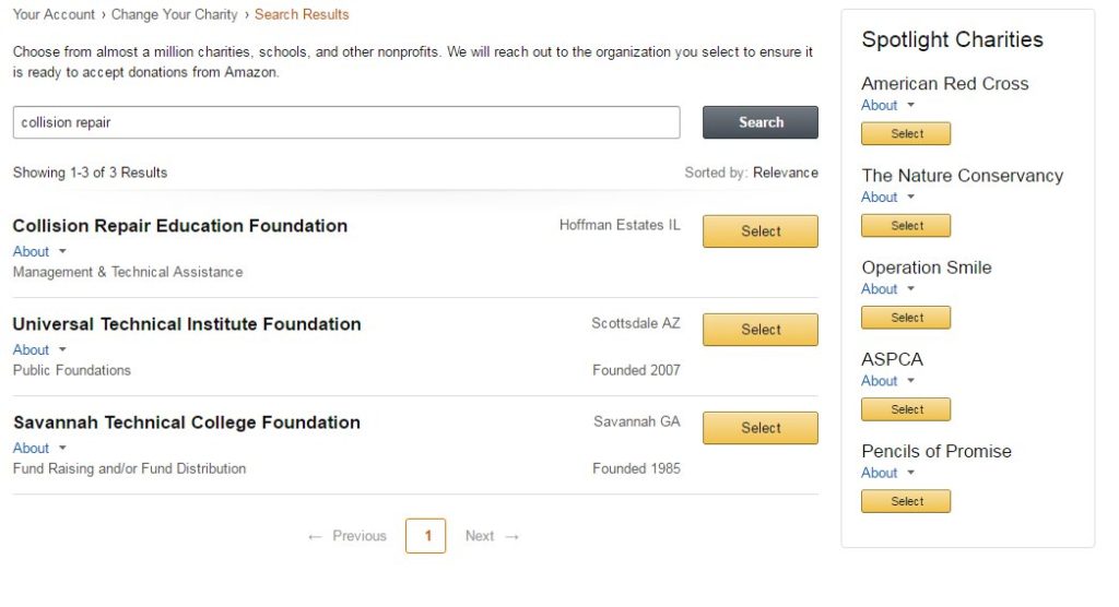 This screenshot from AmazonSmile shows how the Collision Repair Education Foundation can be selected as a preferred charity. (Screenshot from smile.amazon.com)