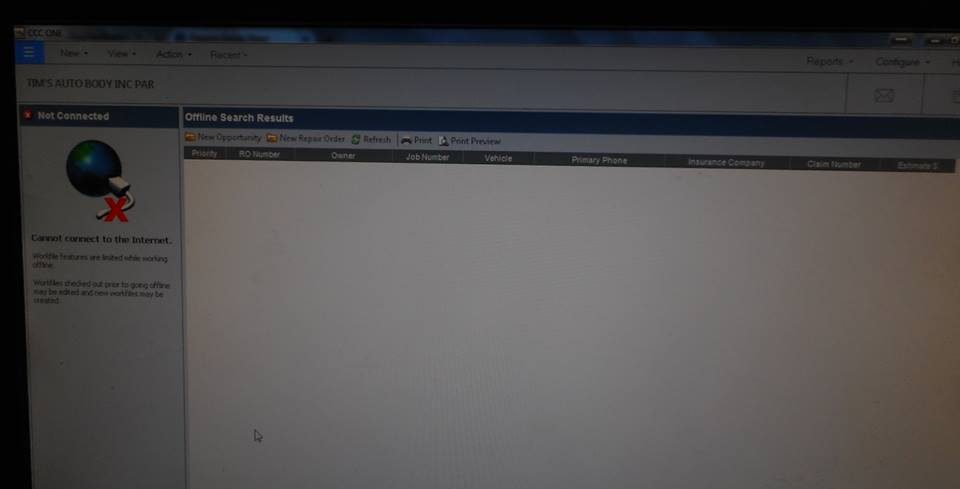 A reader provided this image of an offline CCC ONE screen on Thursday, Oct. 13, 2016. (Provided by Greg Rex Beaton/Tim's Auto Body)