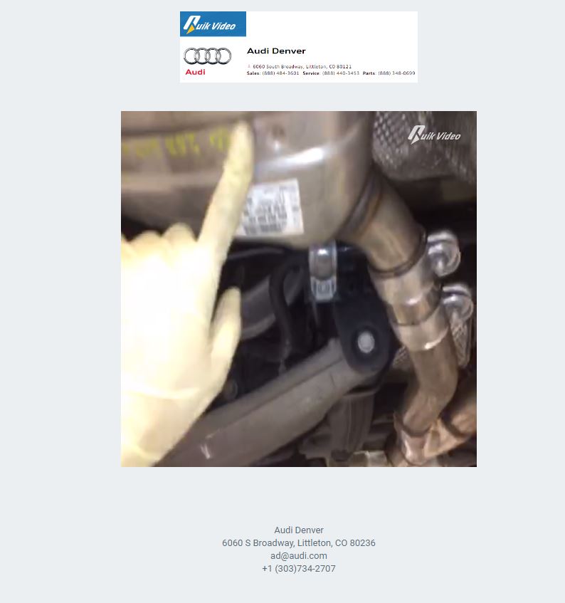 This screenshot shows a unique webpage sent to Audi Denver customer Lisa Simonyi. It features a video of a technician explaining what he has seen on her video. (Audi Denver Quik Video footage provided by Lisa Simonyi)