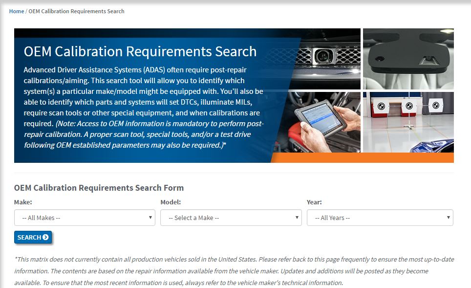 This screenshot from the I-CAR Repairability Technical Support portal shows the new calibration database announced Nov. 1, 2016, by I-CAR. (Screenshot from rts.i-car.com)