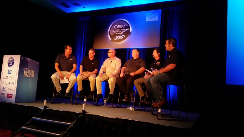 From left, Gary Wano of G.W. and Sons, Shawn Hart of Audi, Mike Kukavica of Jaguar Land Rover, Rick Miller of Ford, James Meyer of Toyota and Barry Dorn of Dorn's Body and Paint participate in an OEM trainer forum on Nov. 3, 2016, at SEMA. (John Huetter/Repairer Driven News)