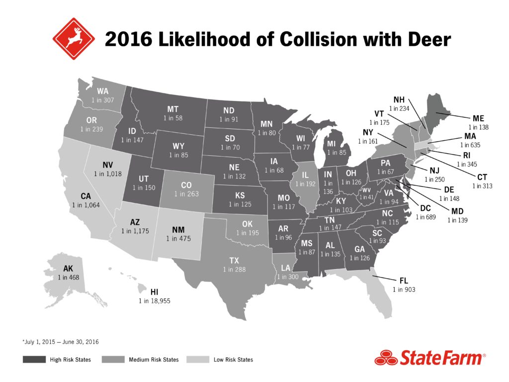 State Farm estimated these odds of hitting a deer between June 30, 2015, and July 1, 2016. (Provided by State Farm)