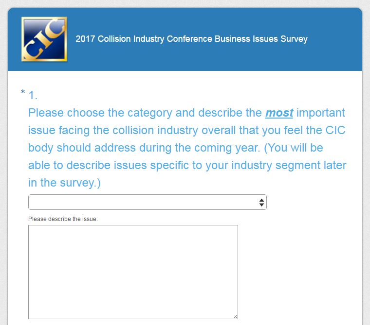 A screenshot from the Collision Industry Conference planning meeting survey website. (Screenshot from www.ciclink.com/2017-planning-meeting-survey)